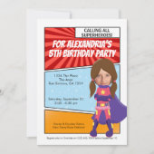 Cartoon superheld Comic Birthday Party (brunette) Kaart (Voorkant)
