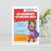 Cartoon superheld Comic Birthday Party (brunette) Kaart (Staand voorkant)