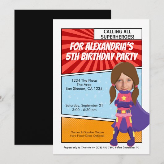 Cartoon superheld Comic Birthday Party (brunette) Kaart (Voorkant / Achterkant)