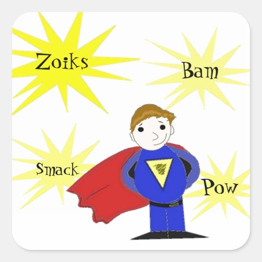 Cartoon Superheld met Actiewoorden Vierkante Sticker (Voorkant)