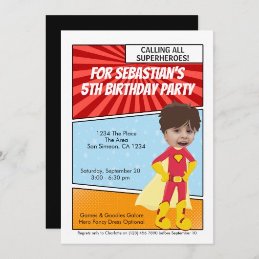 Cartoon superheld Novelty Comic Birthday Party Kaart (Voorkant / Achterkant)