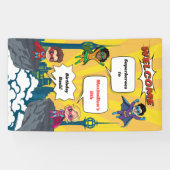 Cartoon Superhero Verjaardagsfeestje Welkomstbanne Spandoek (Horizontaal)