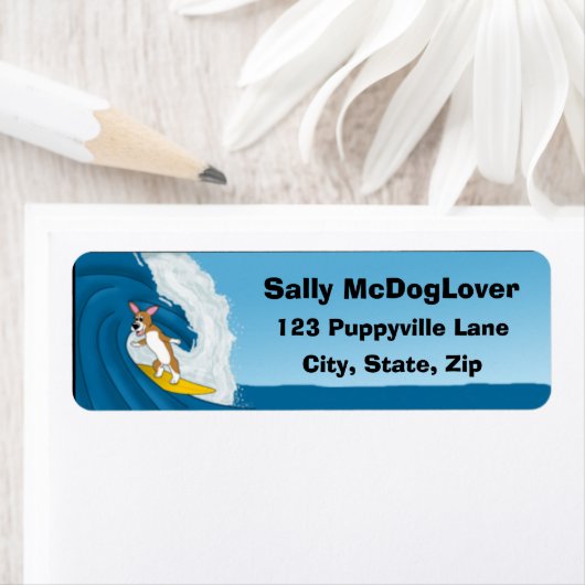 Cartoon Surfing Corgi Etiket (Insitu)