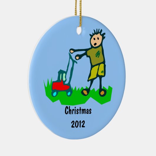 Cartoon Tekening Man Mowing Grass Keramisch Ornament (Rechts)