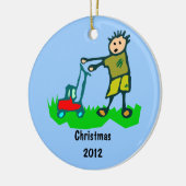 Cartoon Tekening Man Mowing Grass Keramisch Ornament (Links)