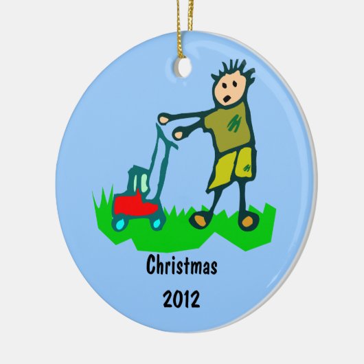 Cartoon Tekening Man Mowing Grass Keramisch Ornament (Links)
