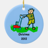 Cartoon Tekening Man Mowing Grass Keramisch Ornament (Achterkant)