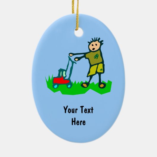 Cartoon Tekening Man Mowing Grass Keramisch Ornament (Achterkant)