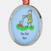 Cartoon Tekening Man Mowing Grass Metalen Ornament (Links)