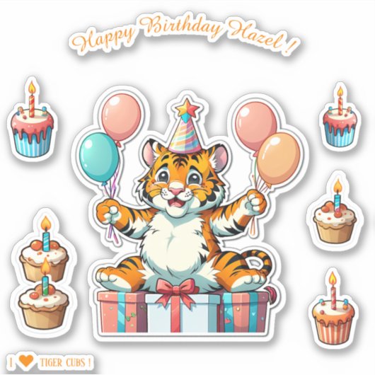 Cartoon Tiger Cub - Happy Birthday Gepersonaliseer Sticker (Voorkant)