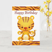 Cartoon Tijger met Tijger Print Happy Birthday Kaart (Gele Bloem)