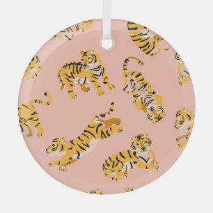 Cartoon tijgers, roze patroon. glas ornament