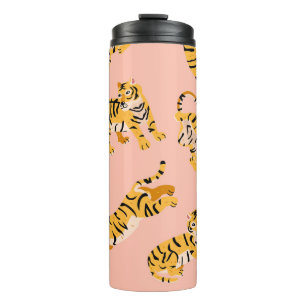 Cartoon tijgers, roze patroon. thermosbeker