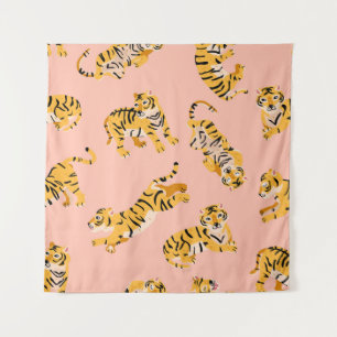 Cartoon tijgers, roze patroon. wandkleed