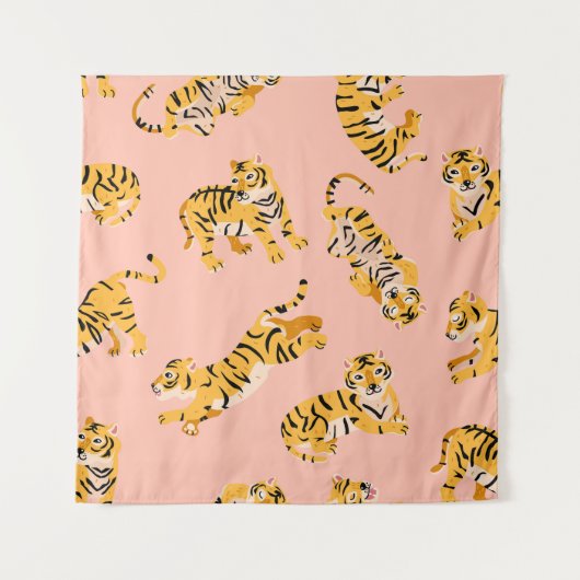 Cartoon tijgers, roze patroon. wandkleed (Voorkant)