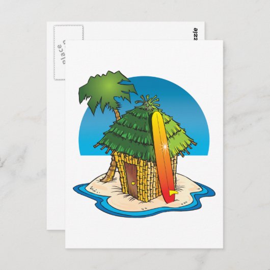 Cartoon Tiki Hut met surfboard en palm Briefkaart (Voorkant / Achterkant)