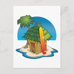Cartoon Tiki Hut met surfboard en palm Briefkaart