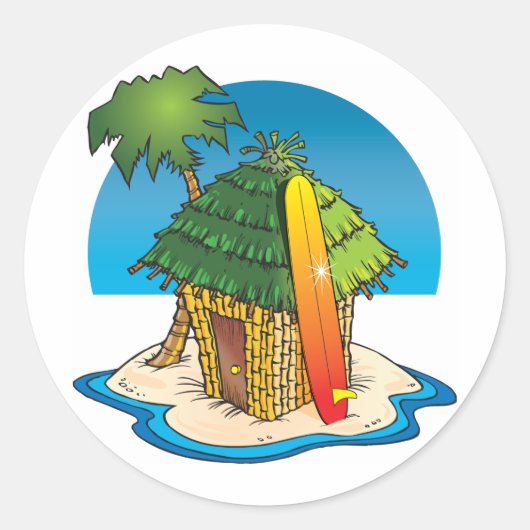Cartoon Tiki Hut met Surfboard en Palm Ronde Sticker (Voorkant)