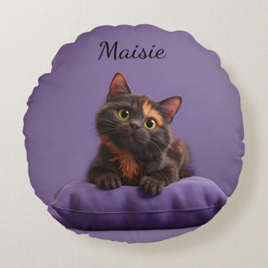 Cartoon Tortoiseshell Kitten op Paarse Kussen (Voorkant)