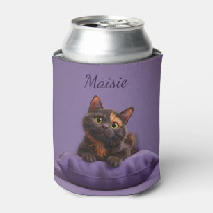 Cartoon Tortoiseshell Kitten op Paarse Kussen Blikjeskoeler