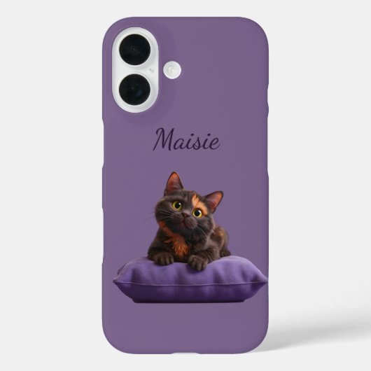 Cartoon Tortoiseshell Kitten op Paarse Kussen Case-Mate iPhone Case (Achterkant)