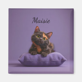 Cartoon Tortoiseshell Kitten op Paarse Kussen Magneet