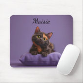 Cartoon Tortoiseshell Kitten op Paarse Kussen Muismat (Met muis)