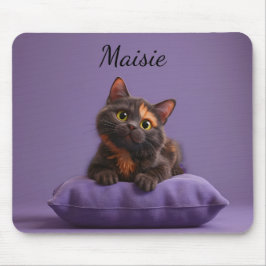 Cartoon Tortoiseshell Kitten op Paarse Kussen Muismat