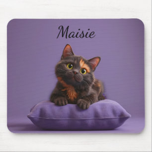 Cartoon Tortoiseshell Kitten op Paarse Kussen Muismat