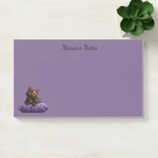 Cartoon Tortoiseshell Kitten op Paarse Kussen Post-it® Notes (Kantoor)
