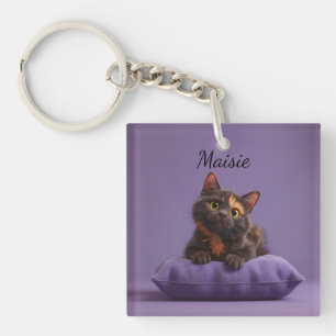 Cartoon Tortoiseshell Kitten op Paarse Kussen Sleutelhanger