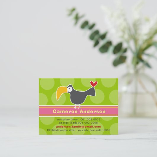 Cartoon Toucan Bird Kind Profile Photo Calling Car Visitekaartje (Staand voorkant)