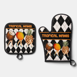 Cartoon Tropical Fruit Dames op Zwart & Wit Ovenwant & Pannenlap Set