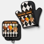 Cartoon Tropical Fruit Dames op Zwart & Wit Ovenwant & Pannenlap Set (Voorkant / Achterkant)