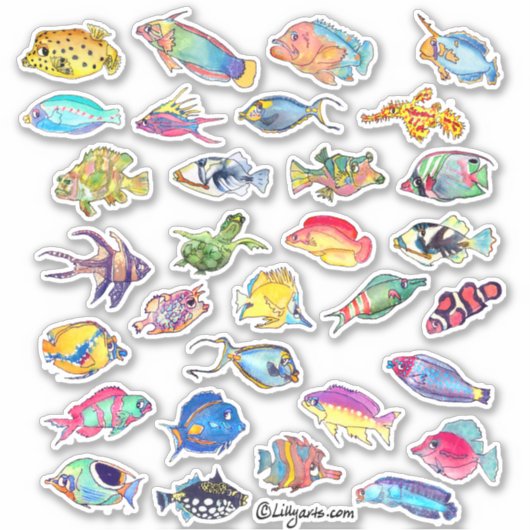 Cartoon Tropical Reef Fish 2 Waterverf Sticker (Voorkant)