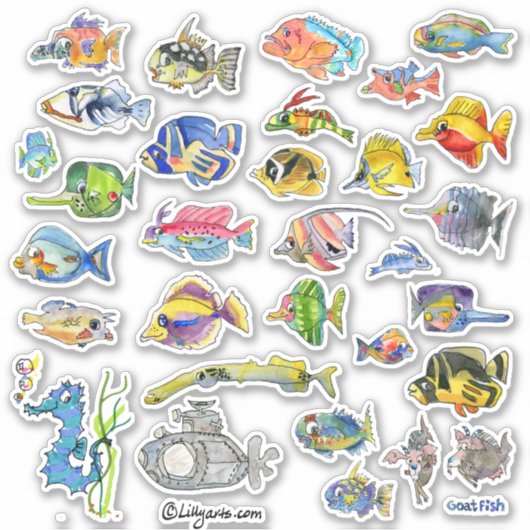 Cartoon Tropical Reef Fish 3 Waterverf Sticker (Voorkant)