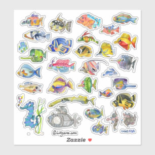 Cartoon Tropical Reef Fish 3 Waterverf Sticker
