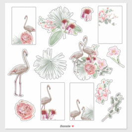 Cartoon tropische stickers met palm en flamingo.
