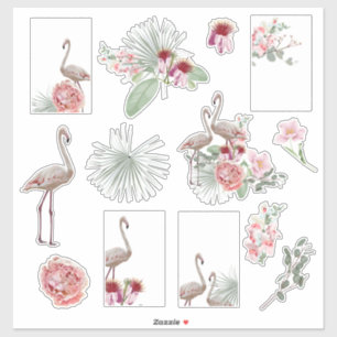 Cartoon tropische stickers met palm en flamingo.