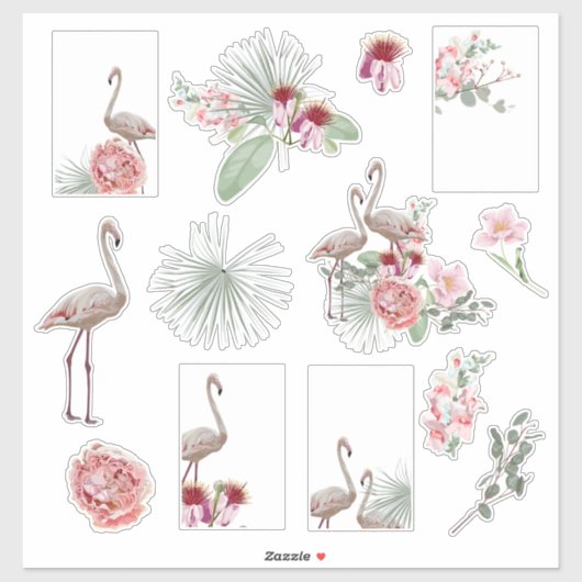 Cartoon tropische stickers met palm en flamingo. (Vel)