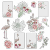 Cartoon tropische stickers met palm en flamingo. (Voorkant)