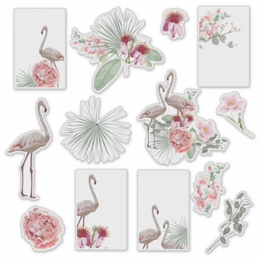 Cartoon tropische stickers met palm en flamingo. (Voorkant)