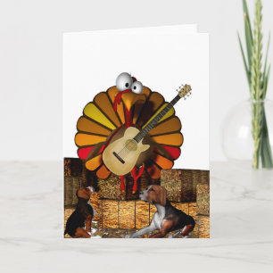 Cartoon Turkey op hooi met gitaar en beagles Feestdagen Kaart