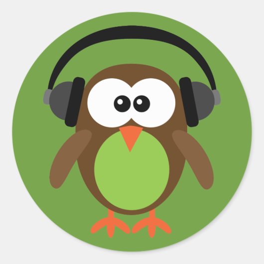 Cartoon uil met hoofdtelefoon ronde sticker (Voorkant)