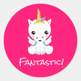 Cartoon Unicorn School Teacher Custom Text Award Ronde Sticker