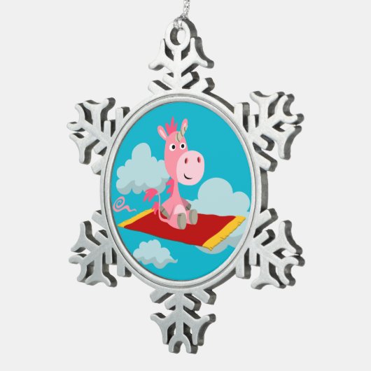Cartoon Unicorn's Magic Carpet Ride Metal Ornament (Rechts)