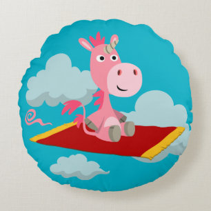 Cartoon Unicorn's Magic Carpet Ride Round Pillow Rond Kussen