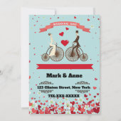 Cartoon van bruid en bruidegom fietsen te ontmoete kaart (Achterkant)