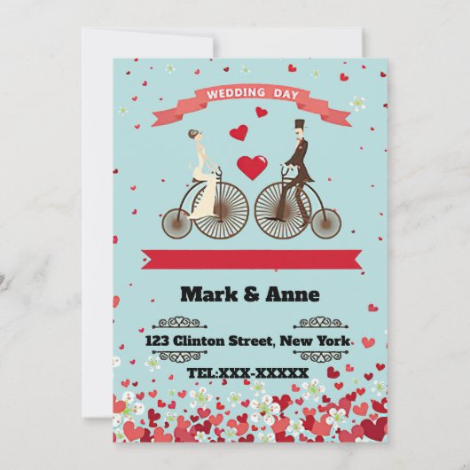 Cartoon van bruid en bruidegom fietsen te ontmoete kaart (Achterkant)