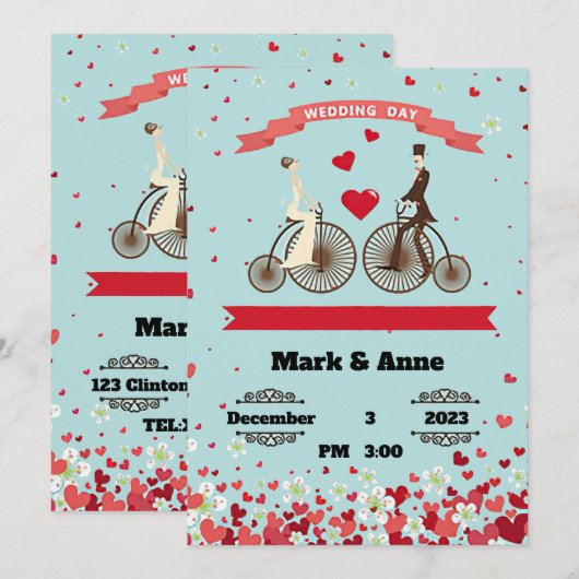 Cartoon van bruid en bruidegom fietsen te ontmoete kaart (Voorkant / Achterkant)